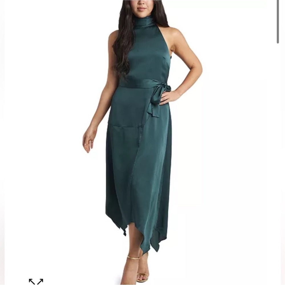 Vince Camuto Green Asymmetrical Tie Front Halter Dress